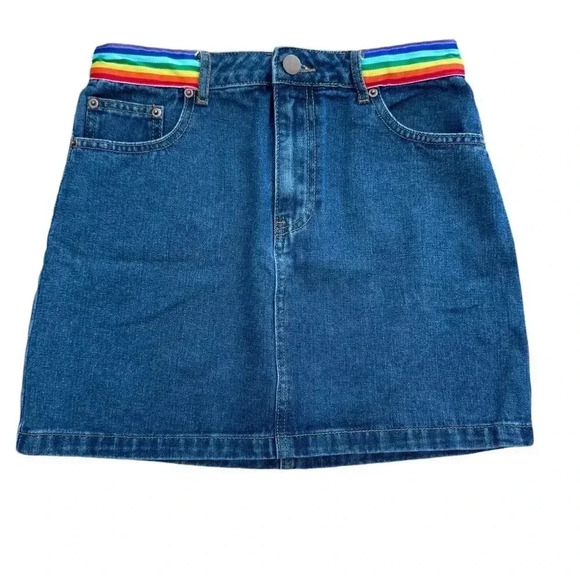 Mini Denim Jean Skirt With Rainbow Waist, Size Medium - Picture 1 of 9